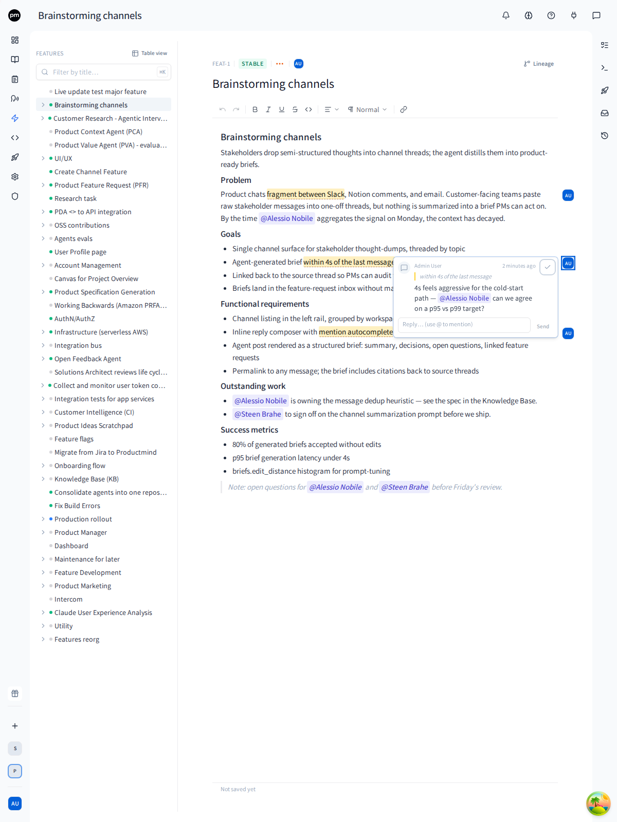 Feature specification co-authored in real time with the Product Chat agent